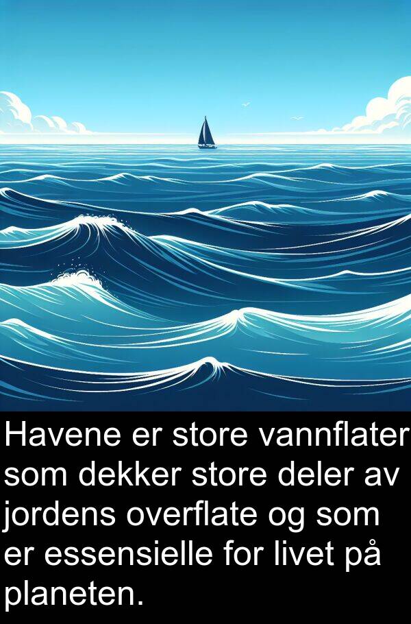 dekker: Havene er store vannflater som dekker store deler av jordens overflate og som er essensielle for livet på planeten.