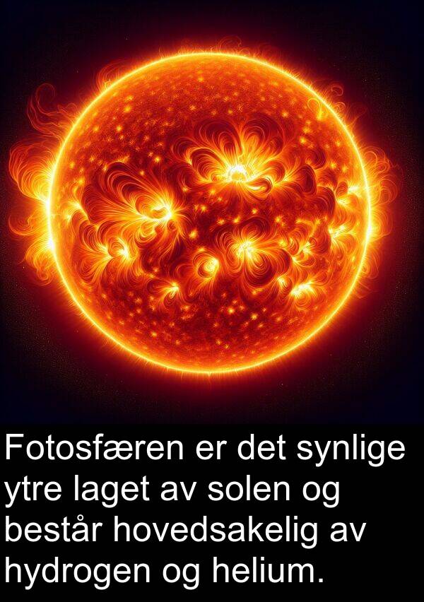 ytre: Fotosfæren er det synlige ytre laget av solen og består hovedsakelig av hydrogen og helium.