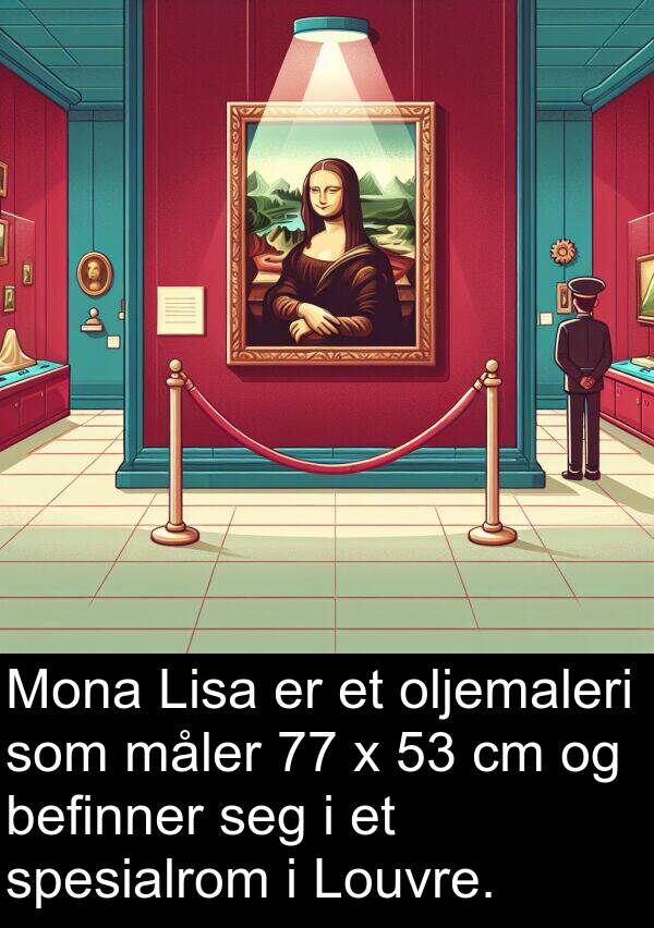 oljemaleri: Mona Lisa er et oljemaleri som måler 77 x 53 cm og befinner seg i et spesialrom i Louvre.