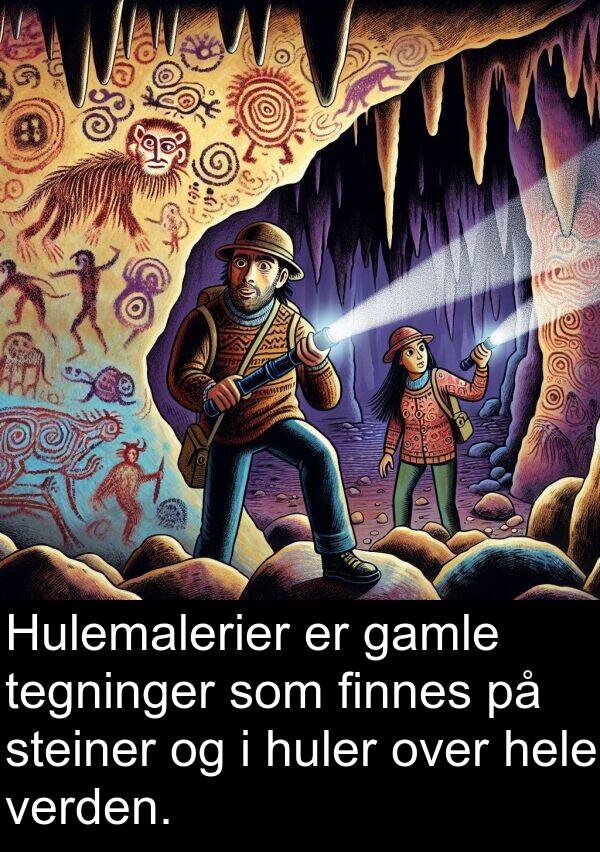 finnes: Hulemalerier er gamle tegninger som finnes på steiner og i huler over hele verden.