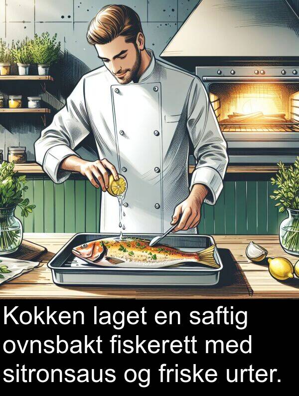 ovnsbakt: Kokken laget en saftig ovnsbakt fiskerett med sitronsaus og friske urter.