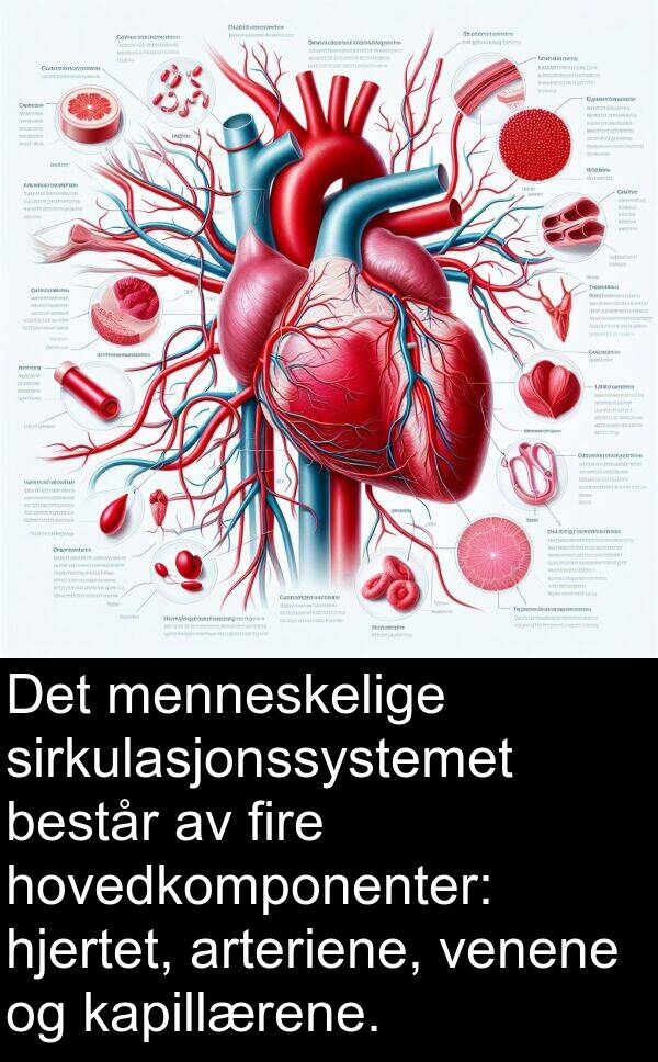 består: Det menneskelige sirkulasjonssystemet består av fire hovedkomponenter: hjertet, arteriene, venene og kapillærene.