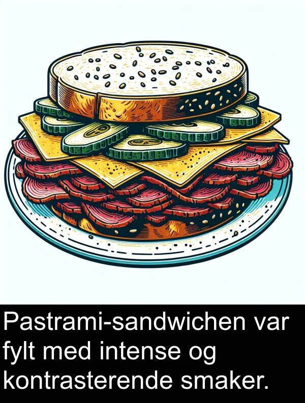 intense: Pastrami-sandwichen var fylt med intense og kontrasterende smaker.