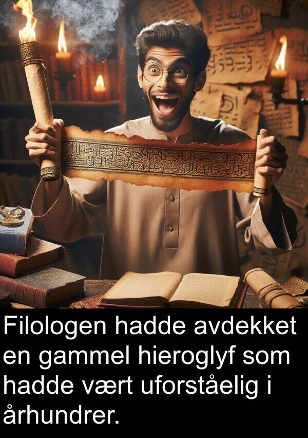 hieroglyf: Filologen hadde avdekket en gammel hieroglyf som hadde vært uforståelig i århundrer.