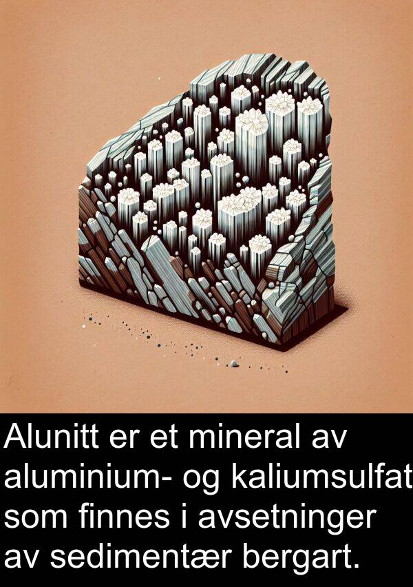 bergart: Alunitt er et mineral av aluminium- og kaliumsulfat som finnes i avsetninger av sedimentær bergart.