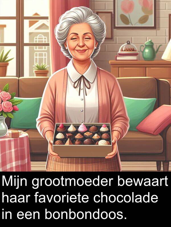 favoriete: Mijn grootmoeder bewaart haar favoriete chocolade in een bonbondoos.