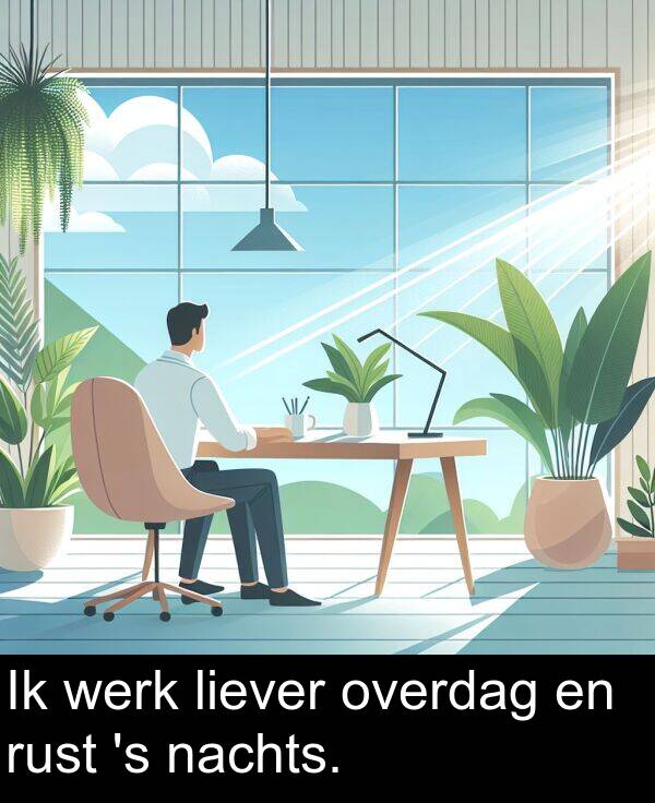 nachts: Ik werk liever overdag en rust 's nachts.