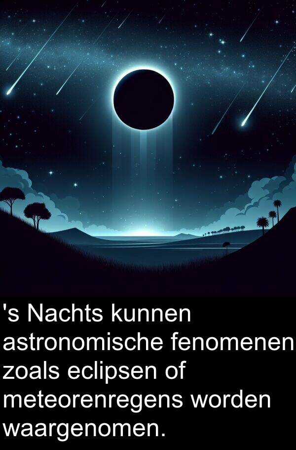 waargenomen: 's Nachts kunnen astronomische fenomenen zoals eclipsen of meteorenregens worden waargenomen.