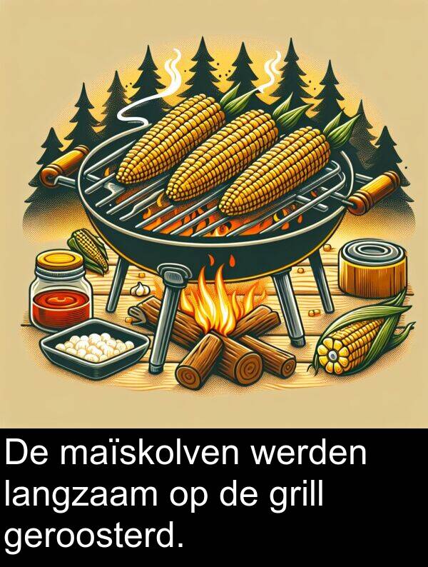 werden: De maïskolven werden langzaam op de grill geroosterd.