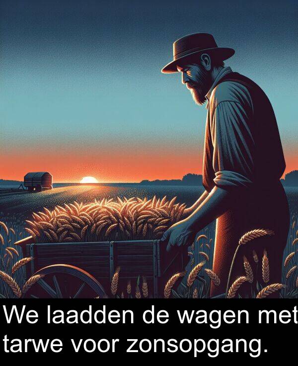 zonsopgang: We laadden de wagen met tarwe voor zonsopgang.