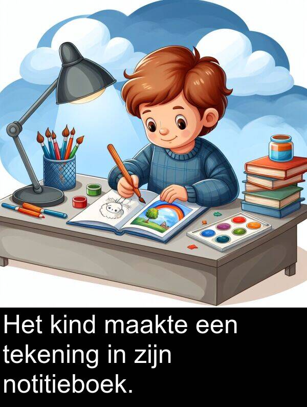 kind: Het kind maakte een tekening in zijn notitieboek.