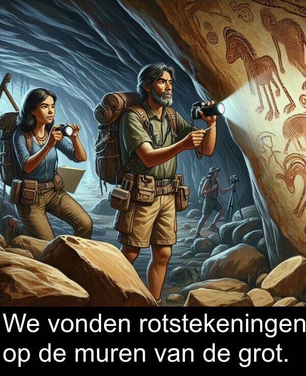 vonden: We vonden rotstekeningen op de muren van de grot.