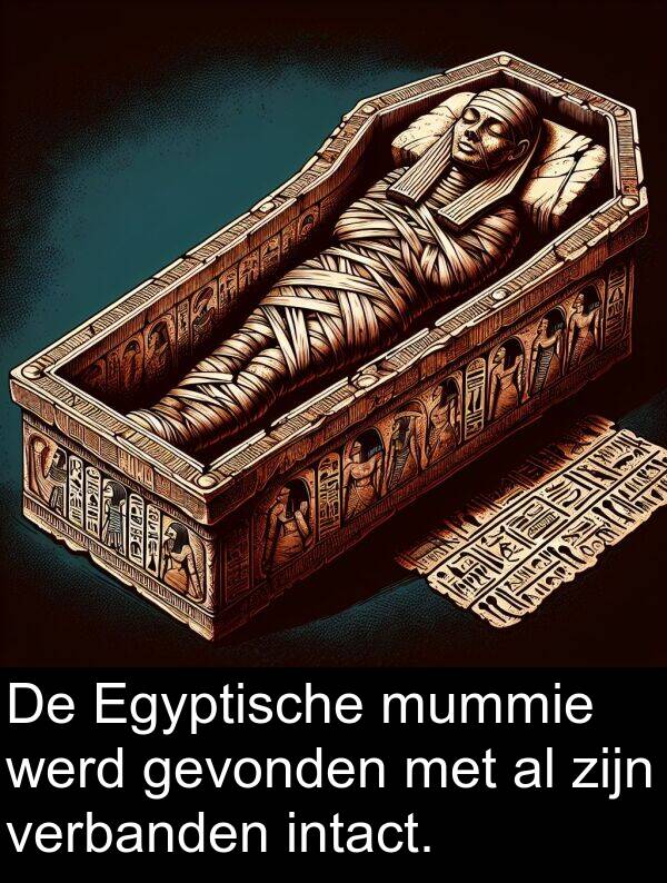 werd: De Egyptische mummie werd gevonden met al zijn verbanden intact.