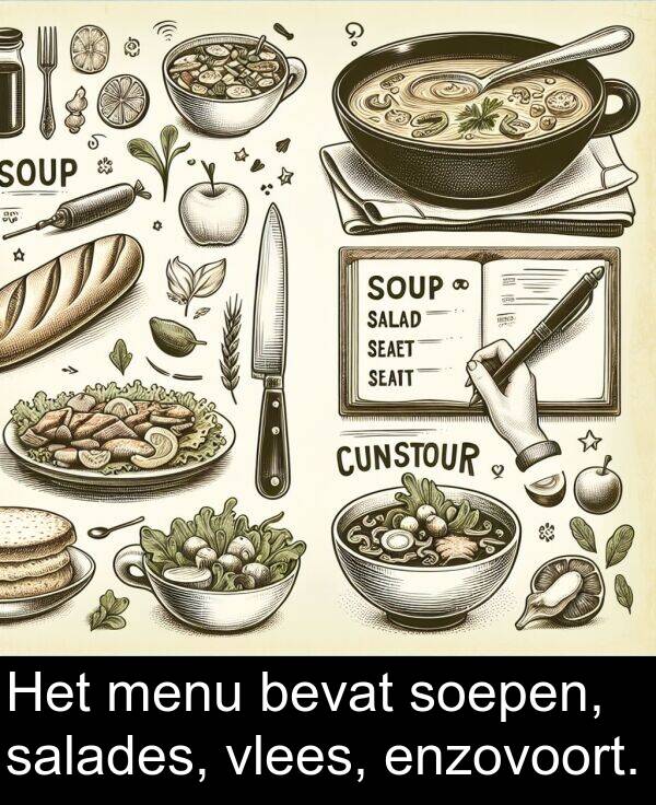 salades: Het menu bevat soepen, salades, vlees, enzovoort.