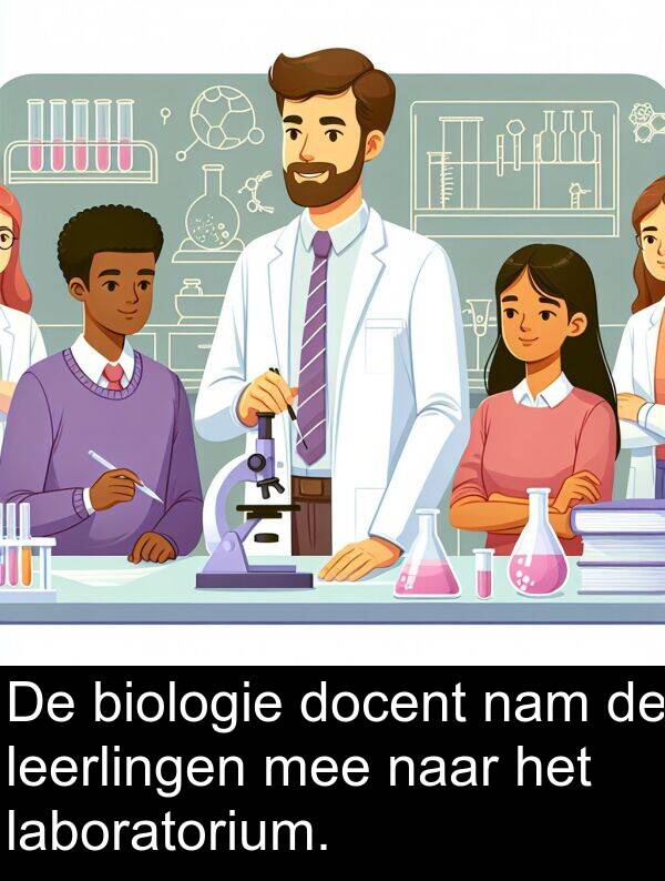 docent: De biologie docent nam de leerlingen mee naar het laboratorium.