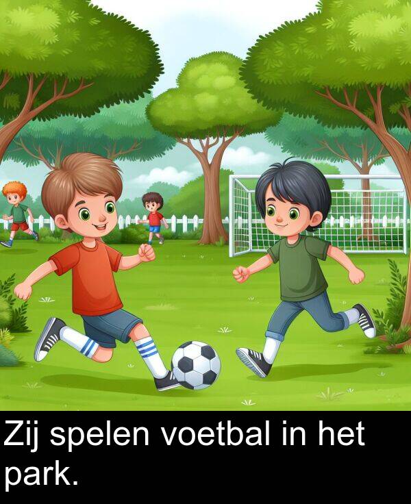 park: Zij spelen voetbal in het park.