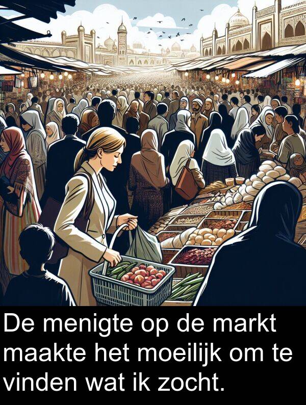 wat: De menigte op de markt maakte het moeilijk om te vinden wat ik zocht.