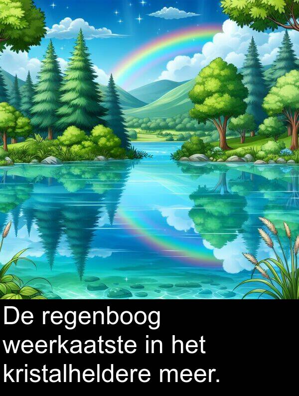 weerkaatste: De regenboog weerkaatste in het kristalheldere meer.