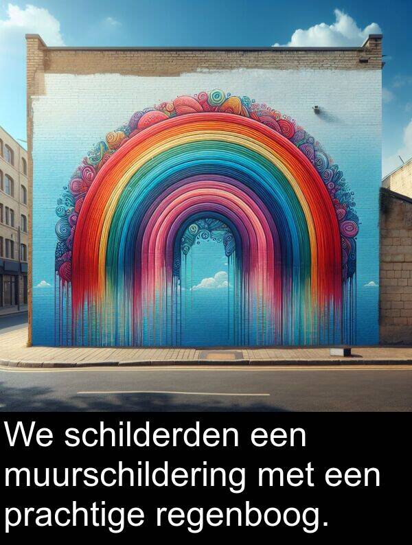 schilderden: We schilderden een muurschildering met een prachtige regenboog.