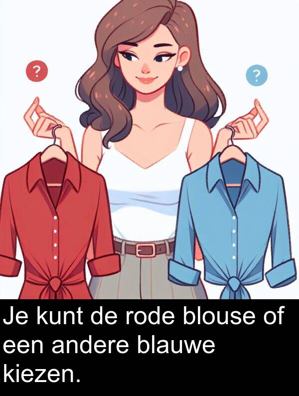 blouse: Je kunt de rode blouse of een andere blauwe kiezen.