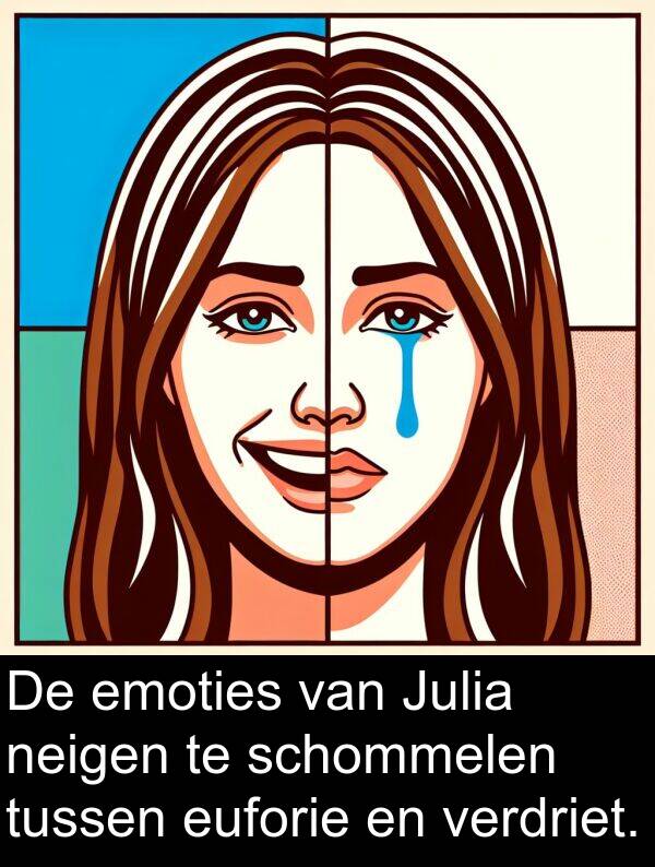 neigen: De emoties van Julia neigen te schommelen tussen euforie en verdriet.