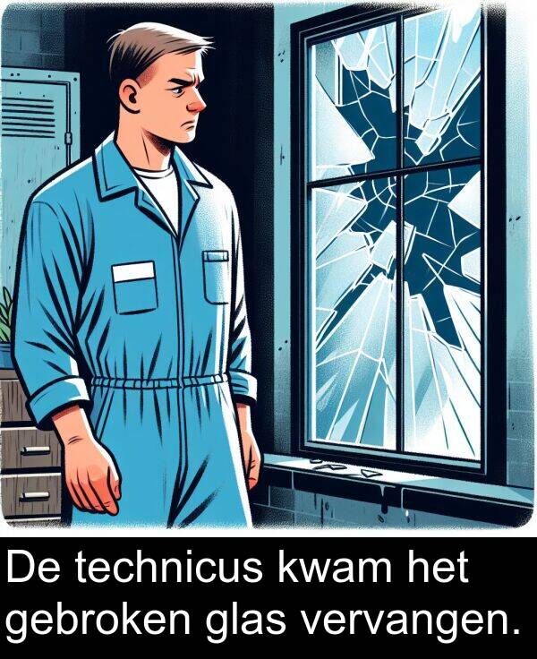 gebroken: De technicus kwam het gebroken glas vervangen.