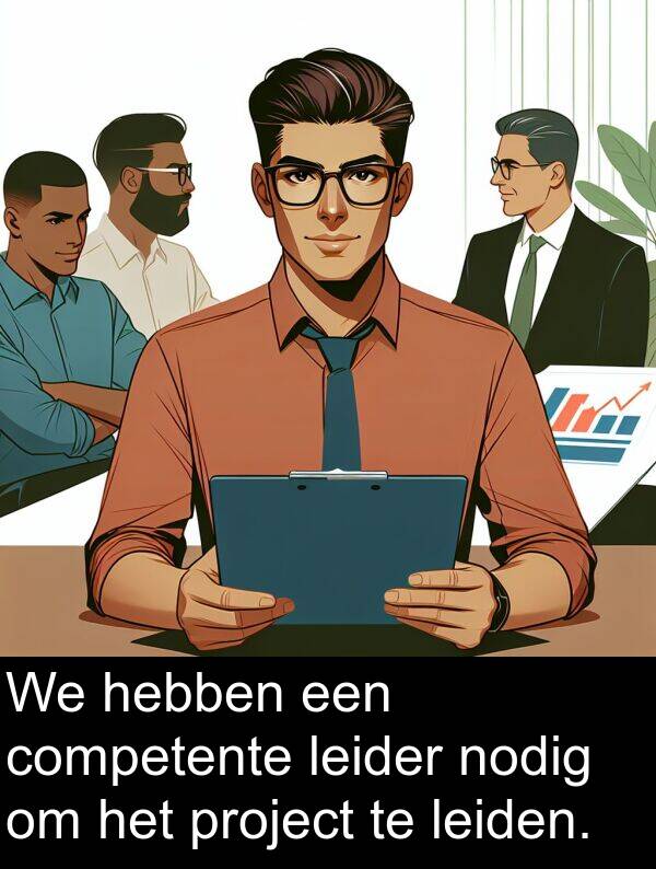 leider: We hebben een competente leider nodig om het project te leiden.