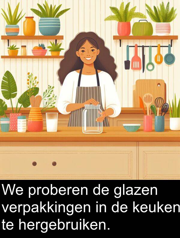 keuken: We proberen de glazen verpakkingen in de keuken te hergebruiken.