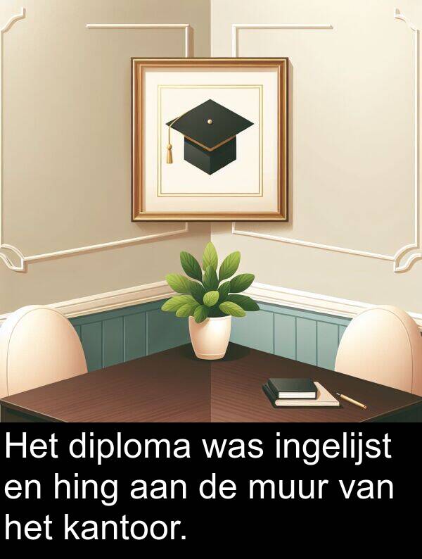 kantoor: Het diploma was ingelijst en hing aan de muur van het kantoor.