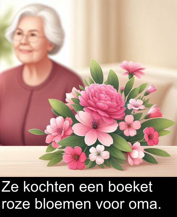 oma: Ze kochten een boeket roze bloemen voor oma.