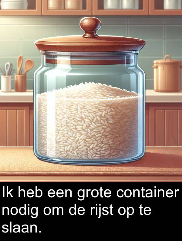 heb: Ik heb een grote container nodig om de rijst op te slaan.