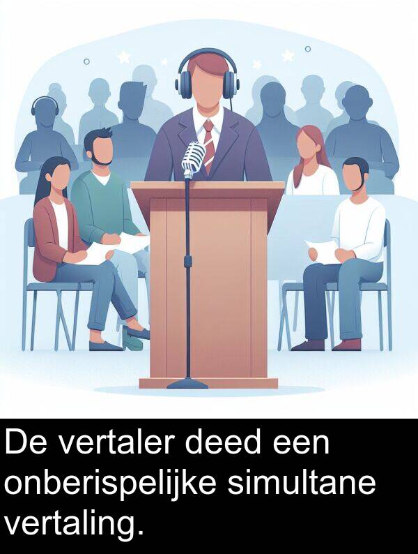 deed: De vertaler deed een onberispelijke simultane vertaling.