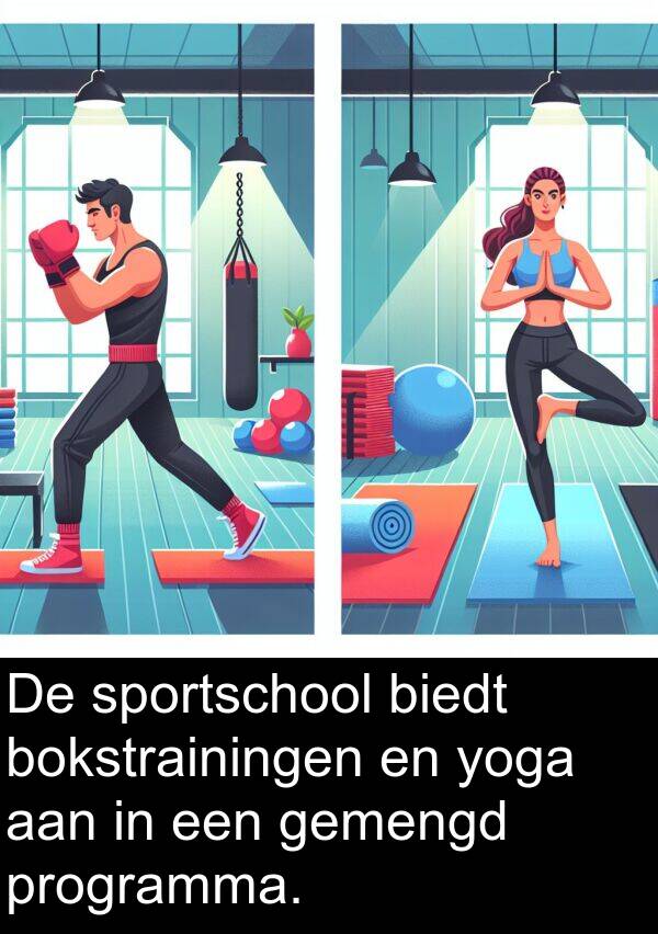 programma: De sportschool biedt bokstrainingen en yoga aan in een gemengd programma.