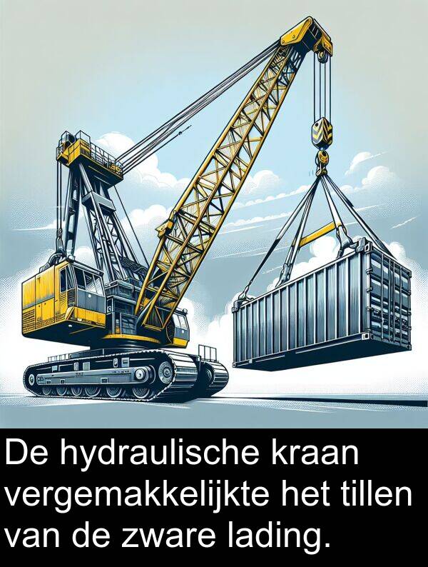 lading: De hydraulische kraan vergemakkelijkte het tillen van de zware lading.