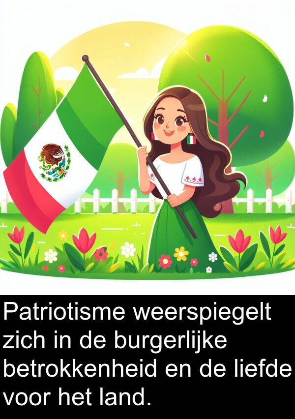 weerspiegelt: Patriotisme weerspiegelt zich in de burgerlijke betrokkenheid en de liefde voor het land.