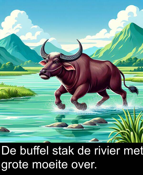 over: De buffel stak de rivier met grote moeite over.