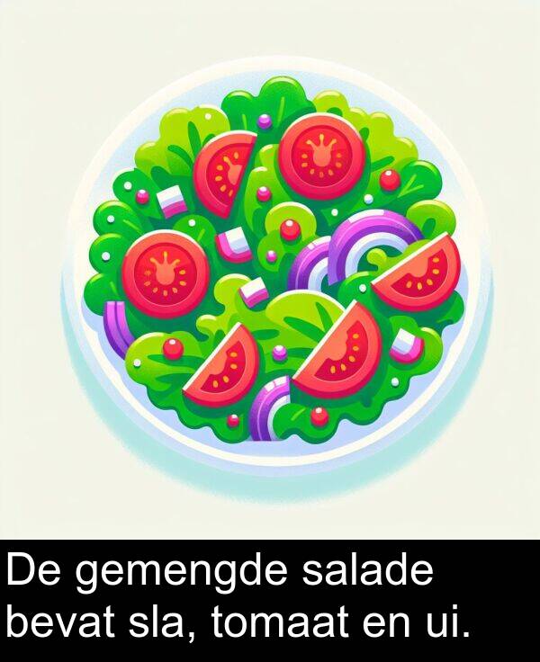 salade: De gemengde salade bevat sla, tomaat en ui.