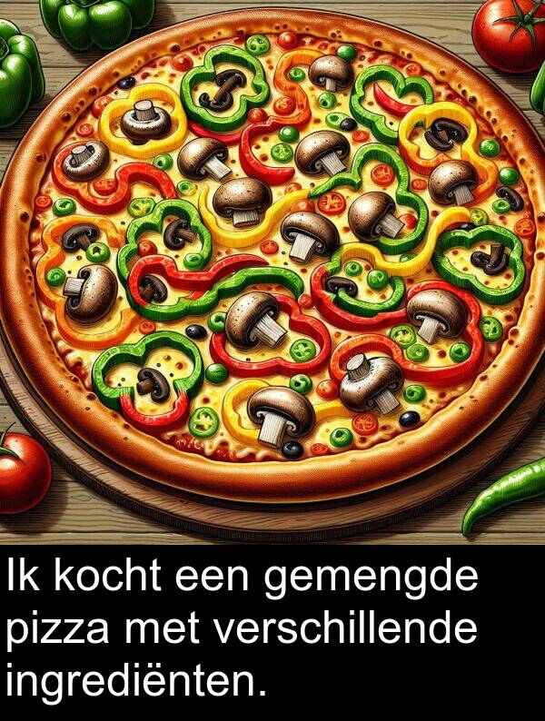 pizza: Ik kocht een gemengde pizza met verschillende ingrediënten.