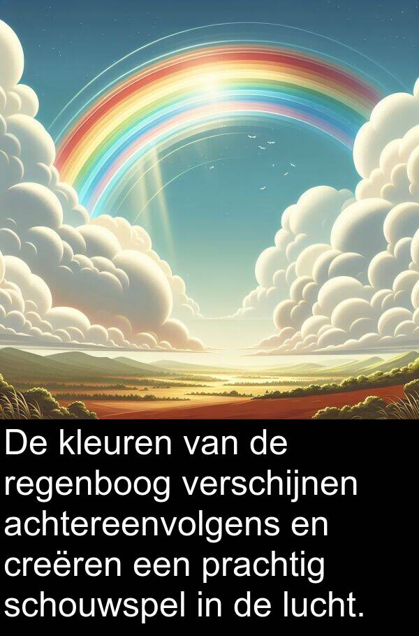 achtereenvolgens: De kleuren van de regenboog verschijnen achtereenvolgens en creëren een prachtig schouwspel in de lucht.