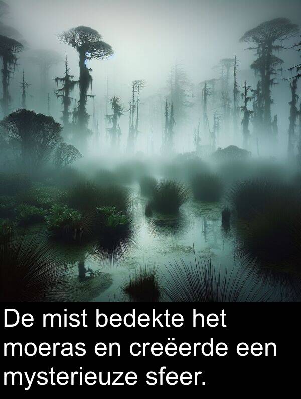 bedekte: De mist bedekte het moeras en creëerde een mysterieuze sfeer.