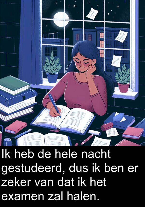 halen: Ik heb de hele nacht gestudeerd, dus ik ben er zeker van dat ik het examen zal halen.