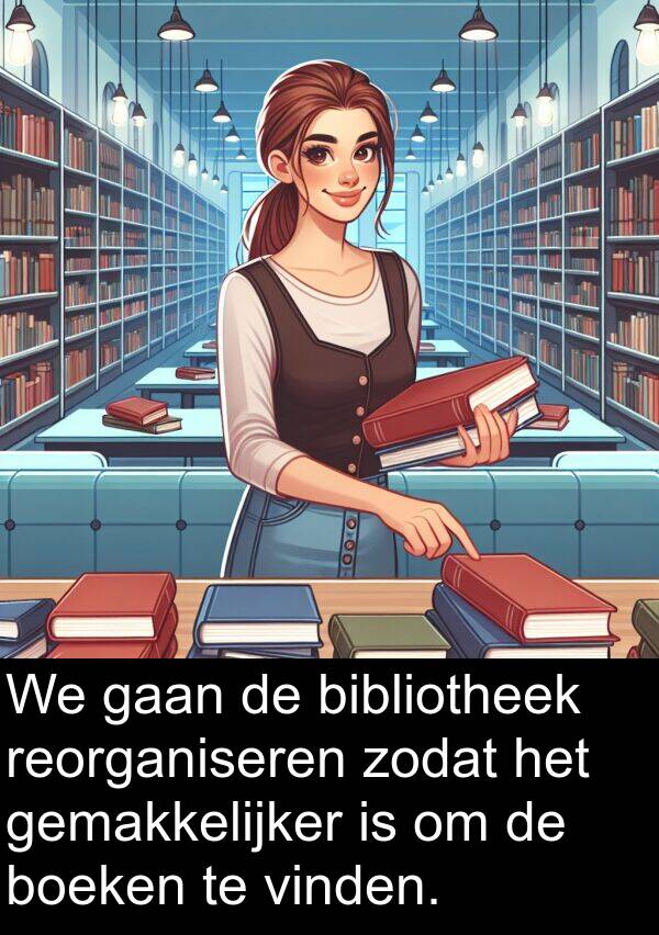 gaan: We gaan de bibliotheek reorganiseren zodat het gemakkelijker is om de boeken te vinden.