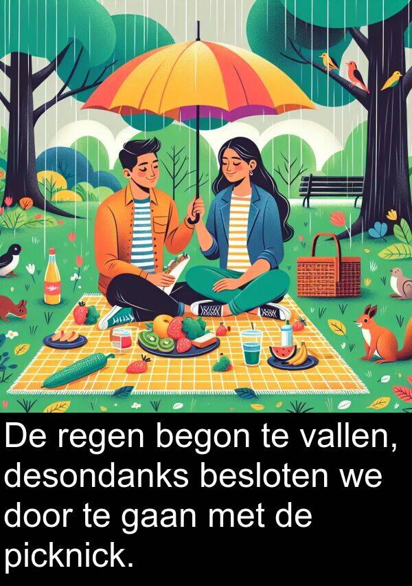 desondanks: De regen begon te vallen, desondanks besloten we door te gaan met de picknick.