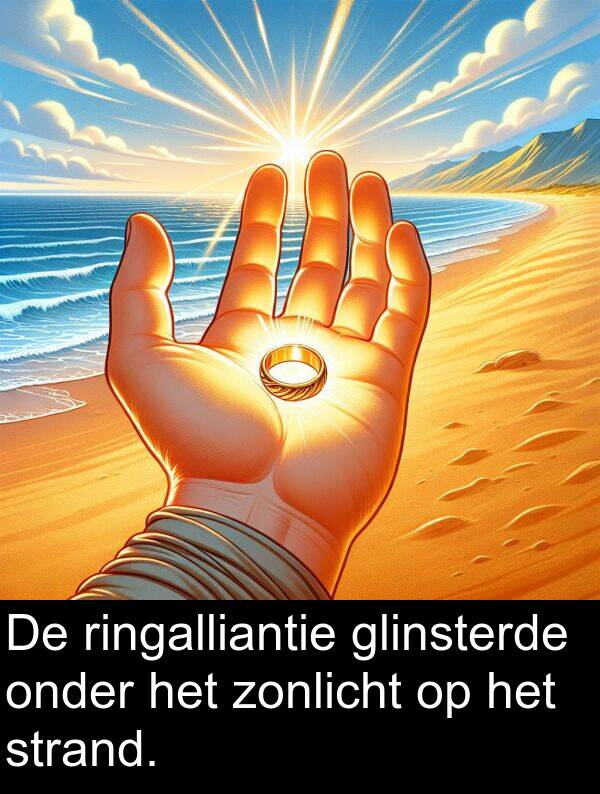 onder: De ringalliantie glinsterde onder het zonlicht op het strand.