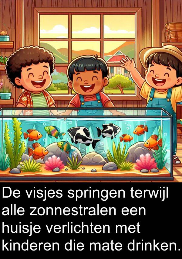 zonnestralen: De visjes springen terwijl alle zonnestralen een huisje verlichten met kinderen die mate drinken.