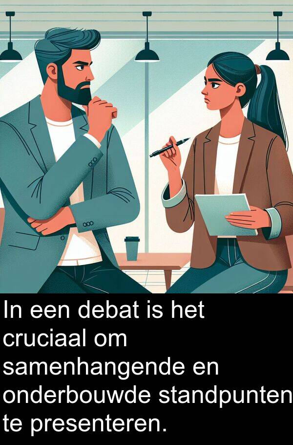 onderbouwde: In een debat is het cruciaal om samenhangende en onderbouwde standpunten te presenteren.