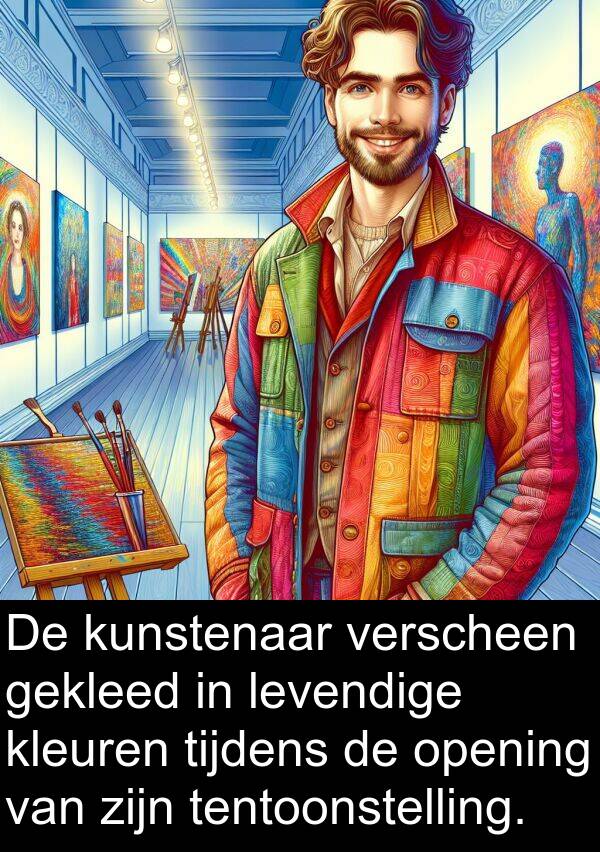 kleuren: De kunstenaar verscheen gekleed in levendige kleuren tijdens de opening van zijn tentoonstelling.