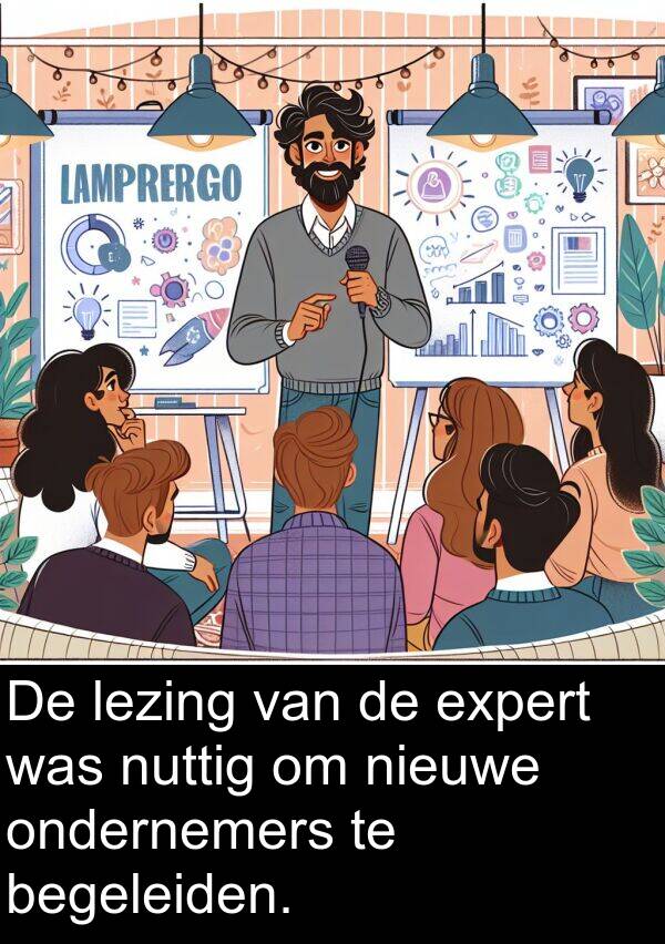 begeleiden: De lezing van de expert was nuttig om nieuwe ondernemers te begeleiden.