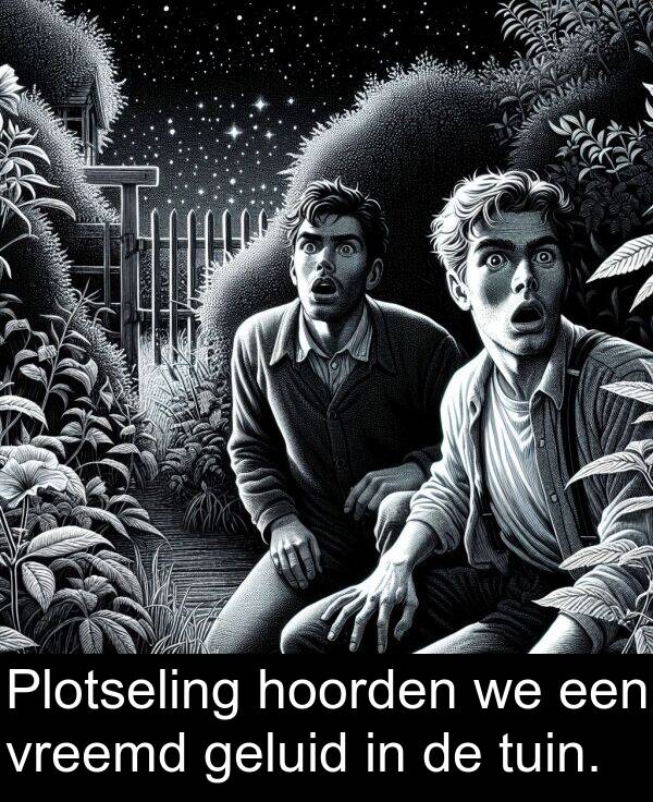 hoorden: Plotseling hoorden we een vreemd geluid in de tuin.