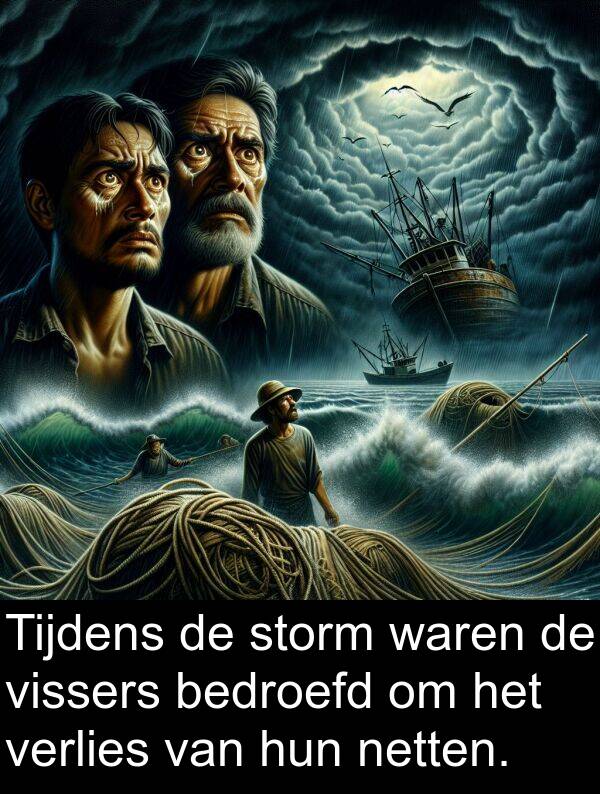 netten: Tijdens de storm waren de vissers bedroefd om het verlies van hun netten.